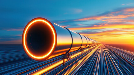 A futuristic pipeline stretches into a vivid sunset, suggesting energy flow and technological advancement against a colorful sky.