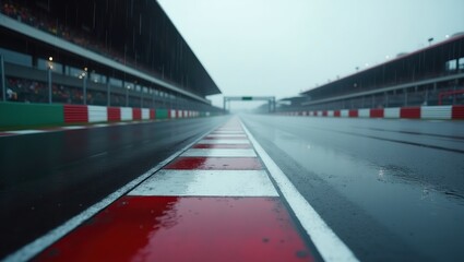 Naklejka premium international track featuring a Race Track with Wet Surface, Red and White Curbs, and Foggy Weather Conditions