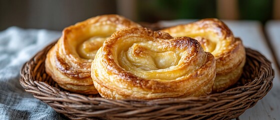 Fototapeta premium Pastries resting in a basket on a table near a window outdoors