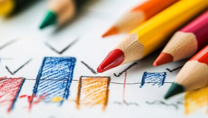 Colorful pencils atop child's hand-drawn bar graph