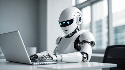 In a bright office, a modern robot attentively uses a laptop, embodying artificial intelligence.