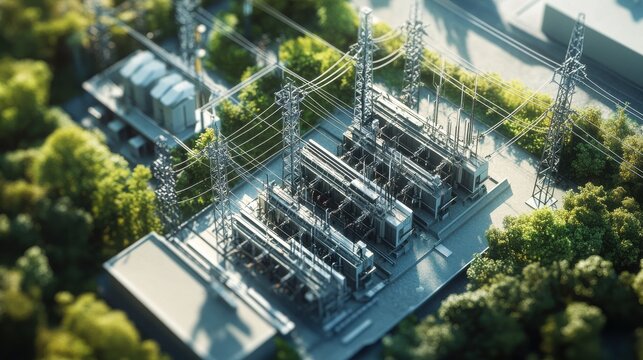 High angle view of a substation with switchgear and transmission transformers for high voltage electric power distribution