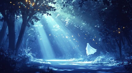 Obraz premium Ethereal figure in a mystical forest bathed in moonlight, fireflies illuminating the path.