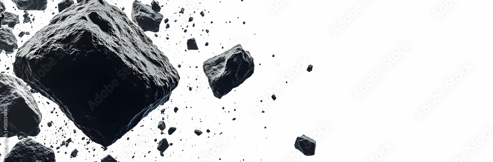 Poster celestial cascade: a dramatic collection of meteoroids and asteroids suspended in a cosmic dance, re