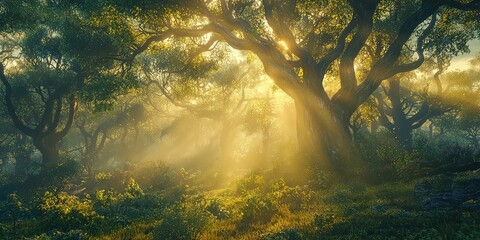 Obraz premium Heavenly forest bathed in golden morning sun, radiating serenity and wonder