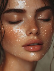Fototapeta premium Close up of woman with dewy skin and freckles