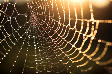 An intricate spiderweb adorned with a glistening dewdrop, delicately suspended between its silken strands in the soft morning light