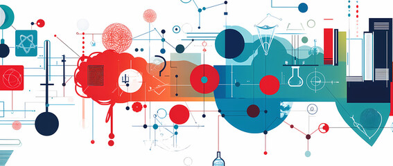 Obraz premium Innovation Intertwined: An intricate, diagram-like artwork showcasing the confluence of technology and the scientific method. This visual narrative is a modern interpretation of interconnected ideas.