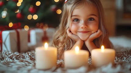 Child resting near Christmas candles