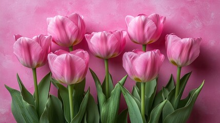 Naklejka premium Six pink tulips against a pink background. Perfect for spring, feminine, or floral designs.