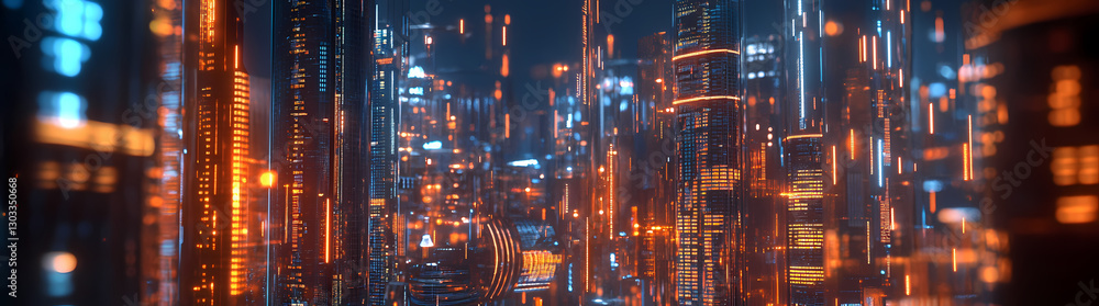 Poster digital metropolis: an abstract representation of a modern cityscape, showcasing illuminated structu