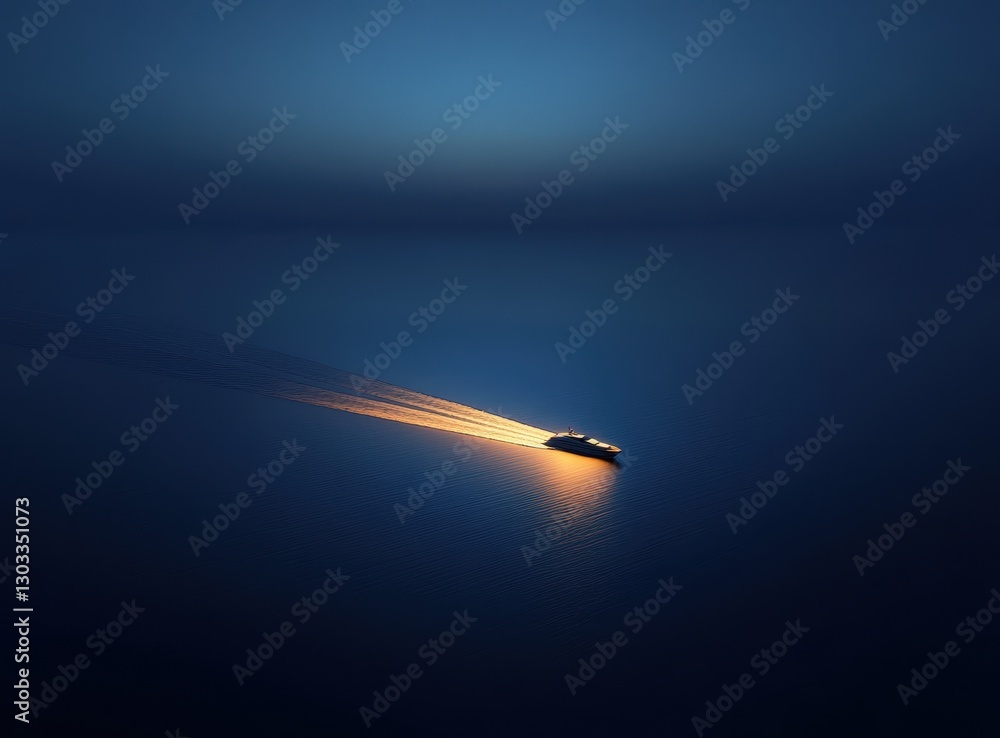 Poster aerial view of a boat moving across calm waters at dusk, creating reflections and light trails in se