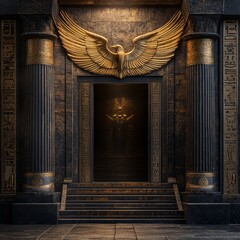 Ancient Egyptian Temple Entrance with Ornate Columns and Sculptures: A Mystical Journey into the Sacred World of Pharaohs and Mythology