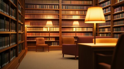 Cozy library interior with warm lighting, bookshelves filled with books, and inviting seating areas