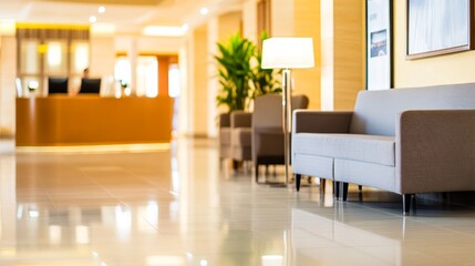 Modern hotel lobby showcasing stylish seating, warm lighting, and a welcoming reception area