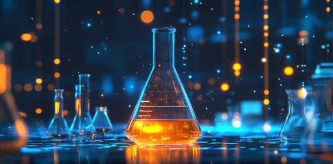 Laboratory Glassware in the Spotlight: a vibrant image showcases an array of laboratory glassware, highlighted with luminous bokeh, against a dark backdrop.