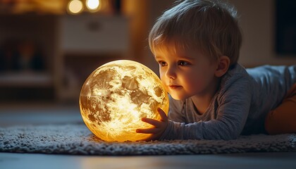 Naklejka premium Child gazing at illuminated globe