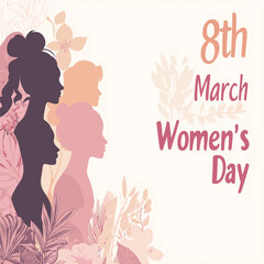 Women's Day poster background vector with women silhouettes of different nationalities and ages, white space for text on the right side, pastel colors, and flower and leaf silhouettes 