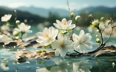 Tranquil scene featuring delicate white flowers blooming on the water's surface, surrounded by soft green foliage and mountains in the background.