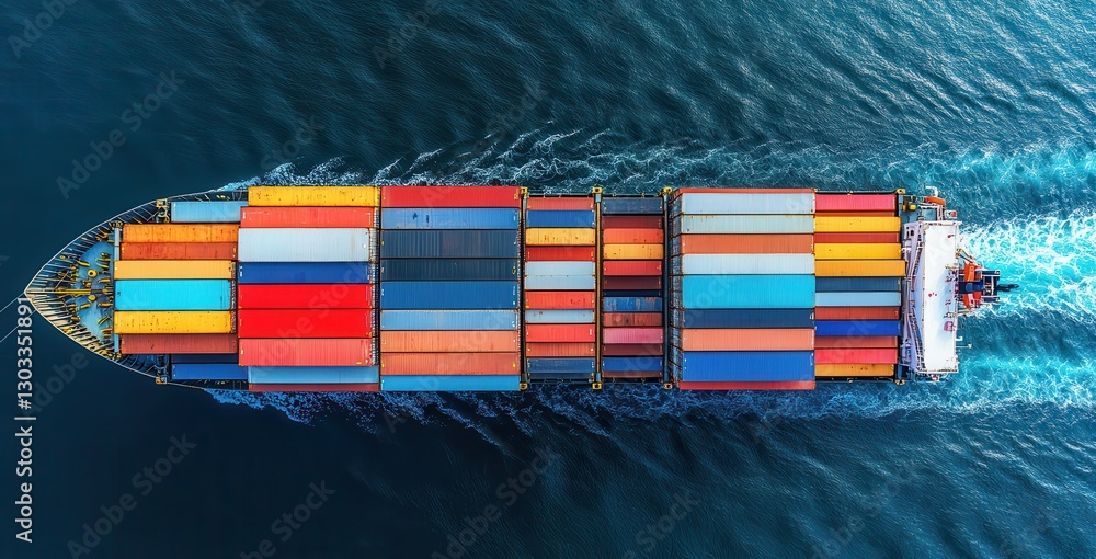 Poster aerial view of a cargo ship loaded with colorful shipping containers navigating through deep blue oc