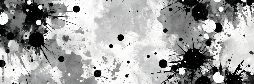 Poster ink splatter abstract: an artistic display of dynamic ink splatters and dots in grayscale, forming a