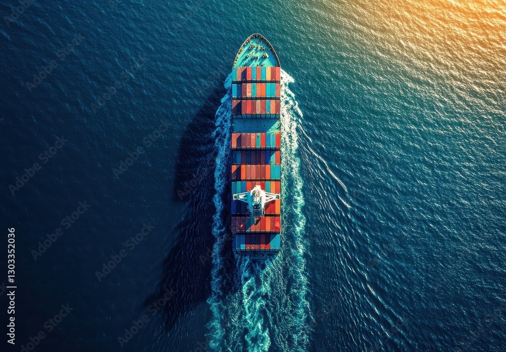 Poster aerial view of a cargo ship navigating through calm waters during golden hour with colorful containe