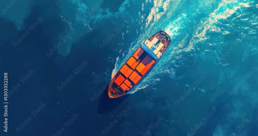 Poster aerial view of a cargo ship navigating through ocean waves with vibrant colorful containers in the s