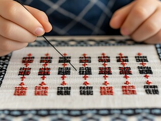 Child embroidering geometric pattern