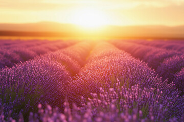 Obraz premium a field of lavender flowers with the sun setting in the background and clouds in the sky above it