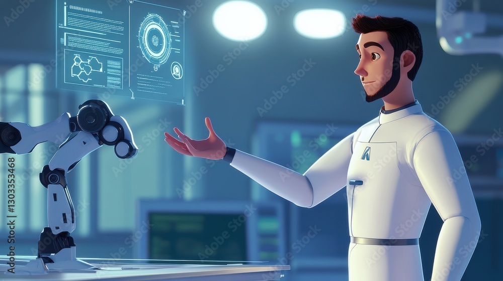 Poster new robot presentation. a man explains features of a new robotic arm. robots as a part of business a