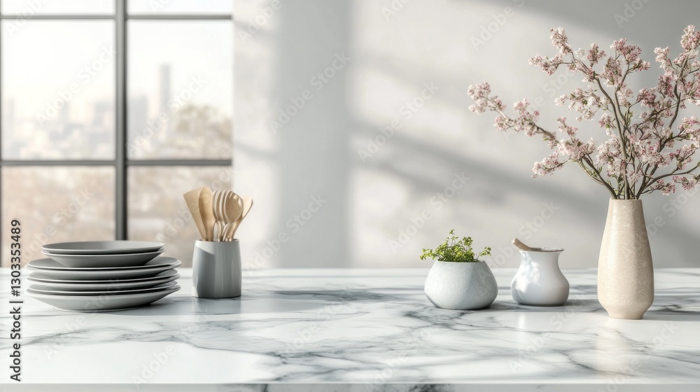 Poster the composition showcases a sophisticated marble tabletop adorned with neatly stacked plates, kitche
