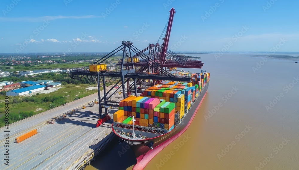 Poster aerial view of a large cargo ship loaded with multicolored containers at a busy shipping port under 