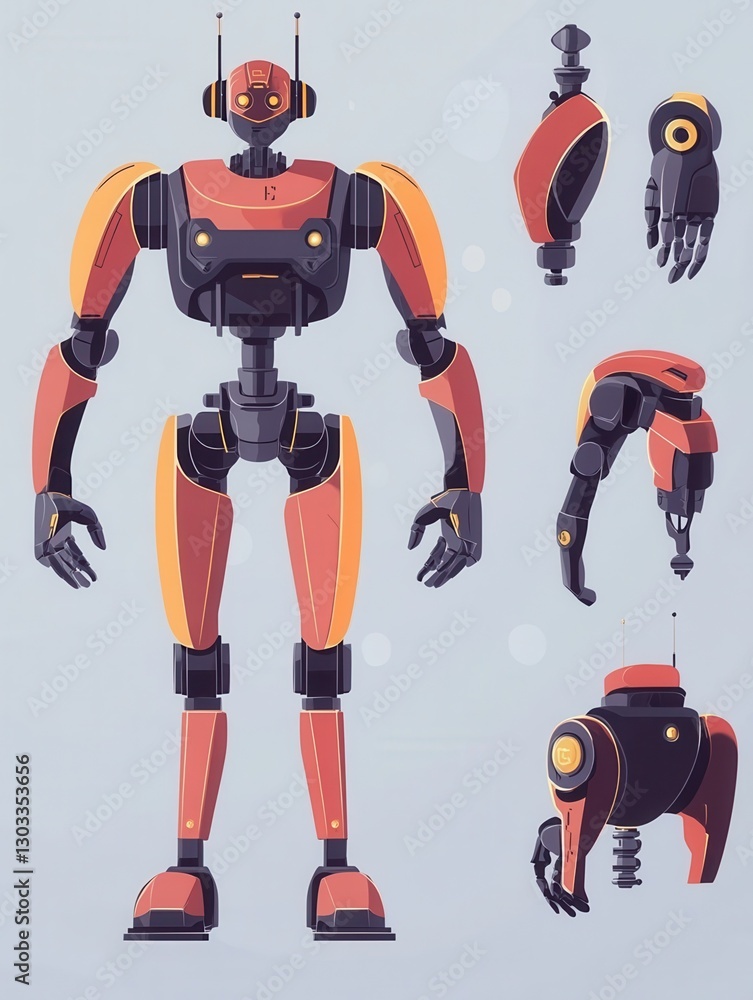 Poster robot character. cartoon robotic mechanism, humanoid set. humanoid and cyborg, character robot mecha