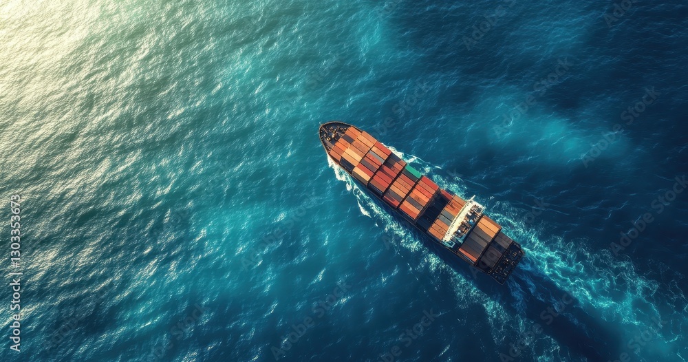 Poster aerial view of a large cargo ship navigating through calm ocean water with colorful containers at su