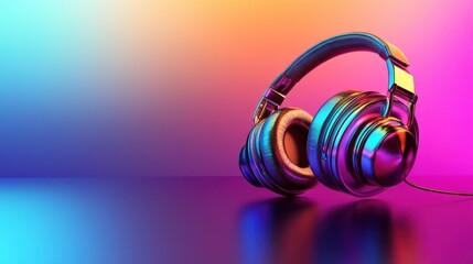 Naklejka premium Vibrant Rainbow Hues: Metallic Headphones in a Colorful Studio Setting