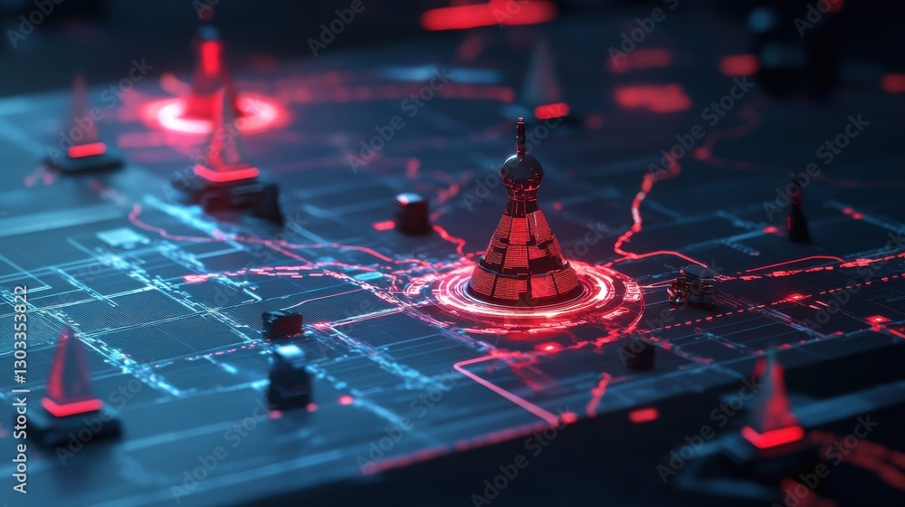 Poster a digital interface with a network map showing a spreading cyber attack, with one node highlighted i