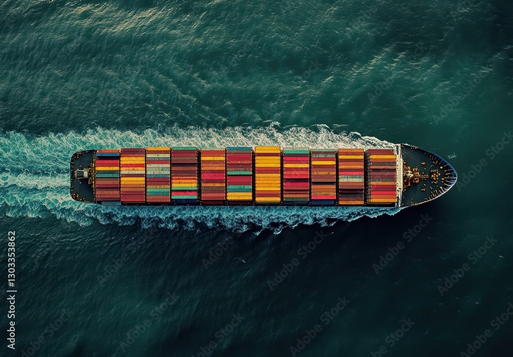 Poster aerial view of a large cargo ship navigating through calm waters with colorful shipping containers o