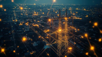 Energy Illustration Electrical, Power Grid, and Energy Flow depicted in a sprawling power grid where electricity flows through a network, connecting cities and communities
