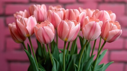 Naklejka premium A bouquet of pale pink tulips against a pink brick wall. Perfect for spring, romance, or Mother's Day themes.