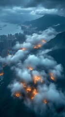 Hong Kong City Lights Through Misty Mountains