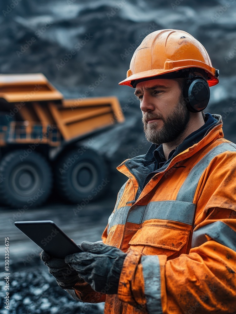 Poster mining operations manager. a mining engineer in safety gear uses a tablet to manage coal loading ope