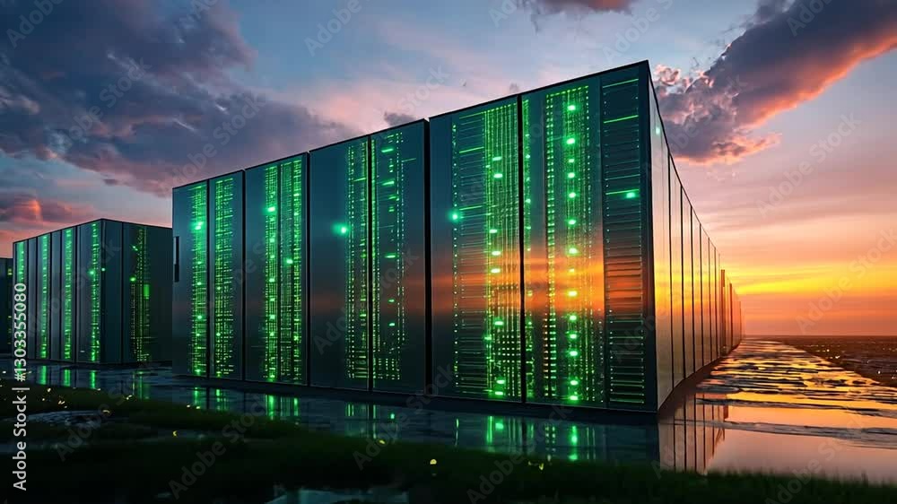 Poster futuristic data center visualization with sunset reflections and digital streams