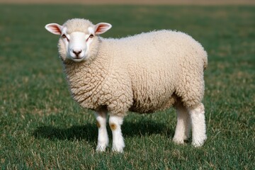 Obraz premium Sheep stands in a grassy field, looks straight. Raising, farming, livestock