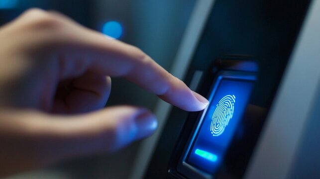 A close-up of a finger on a biometric fingerprint scanner, representing restricted access to sensitive information, classifieed and secret concept