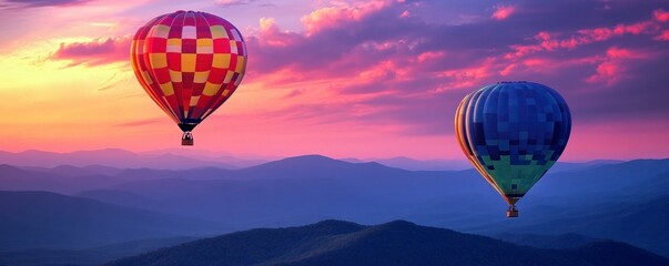 Obraz premium two hot air balloons flying over the Smoky Mountains. One balloon is red and yellow with a white checkered pattern