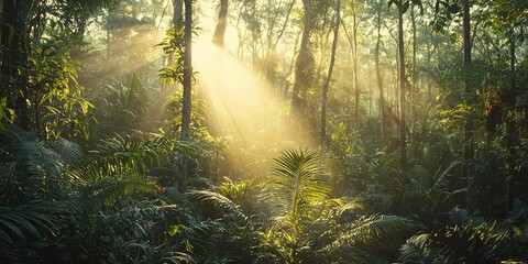 Obraz premium Lush forest bathed in soft golden light, radiating an enchanted atmosphere