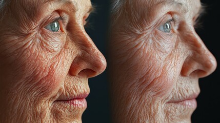 Close ups of wrinkles and skin imperfection on the face of a senior woman. Portrait of beautiful senior woman touching her perfect skin after a beauty treatment. Aging process concept.