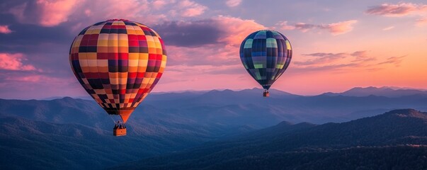Obraz premium two hot air balloons flying over the Smoky Mountains. One balloon is red and yellow with a white checkered pattern
