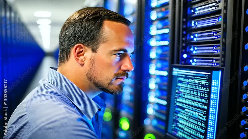 Poster a skilled it professional coding amidst the advanced technology of a modern data center.