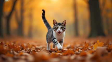 Fototapeta premium Adorable Tabby Kitten Strolling Golden Autumn Leaves - Soft Bokeh - Fall Park